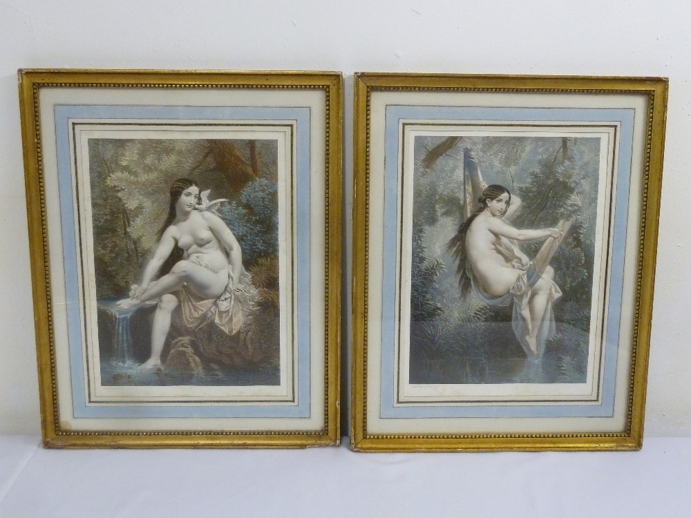 Joseph Felon a pair of framed hand coloured etchings of semi nude ladies, 32.5 x 23.5cm