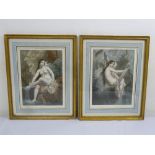 Joseph Felon a pair of framed hand coloured etchings of semi nude ladies, 32.5 x 23.5cm