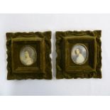 Pair of framed miniatures of ladies in 19th century costume, signed