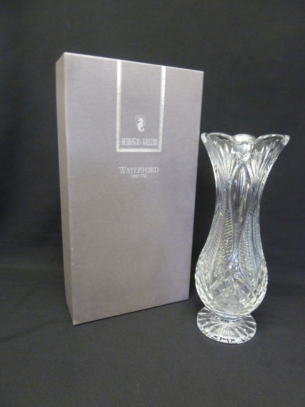 Waterford Crystal long stem flower vase on raised circular base, in original packaging