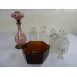 A quantity of glass to include six hobnail cut decanters, an amber Art deco bowl and a pink glass