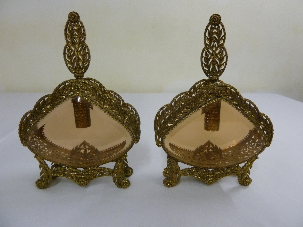 Pair of French gilt metal and glass display perfume bottles