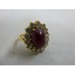 18ct yellow gold cabochon ruby and diamond ring, approx 7.1g