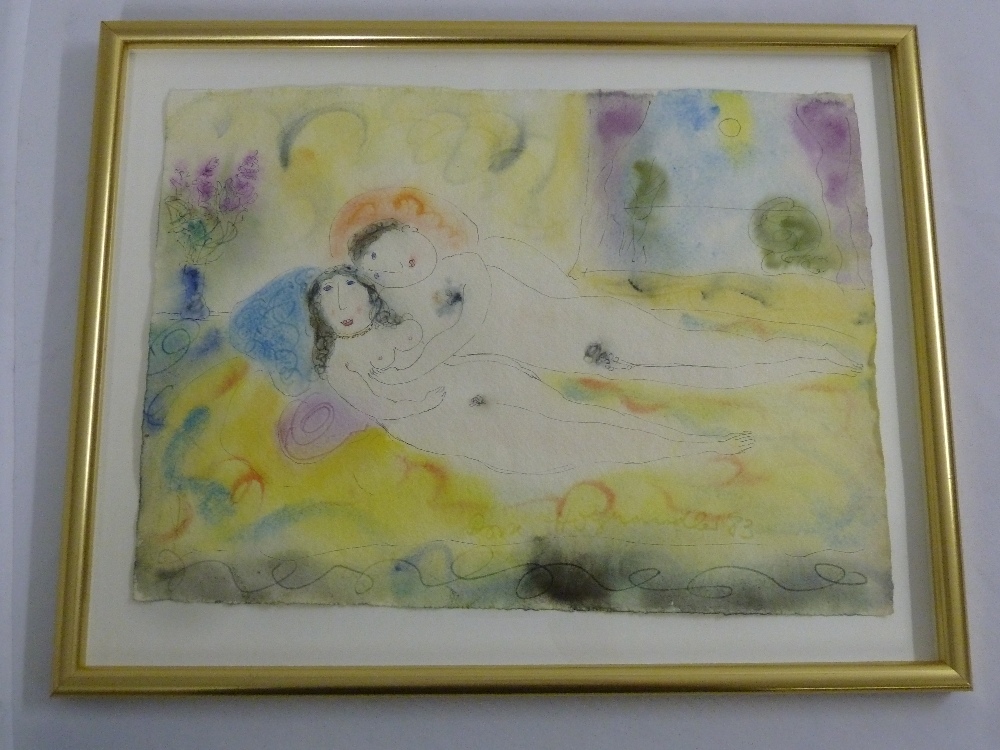 Dora Holzhandler framed watercolour of lovers, signed, 25.5 x 35cm