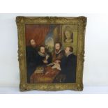 A framed oil on panel of figures at a table in 17th century style, 55.5 x 47cm