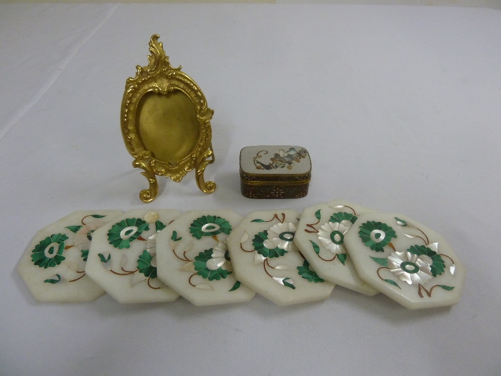 A cloisonné box, a Pietra dura set of coasters and a gilt frame