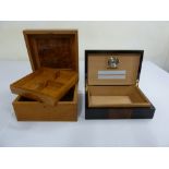 A cigar humidor with hinged cover and wooden trinket box with detachable shelf
