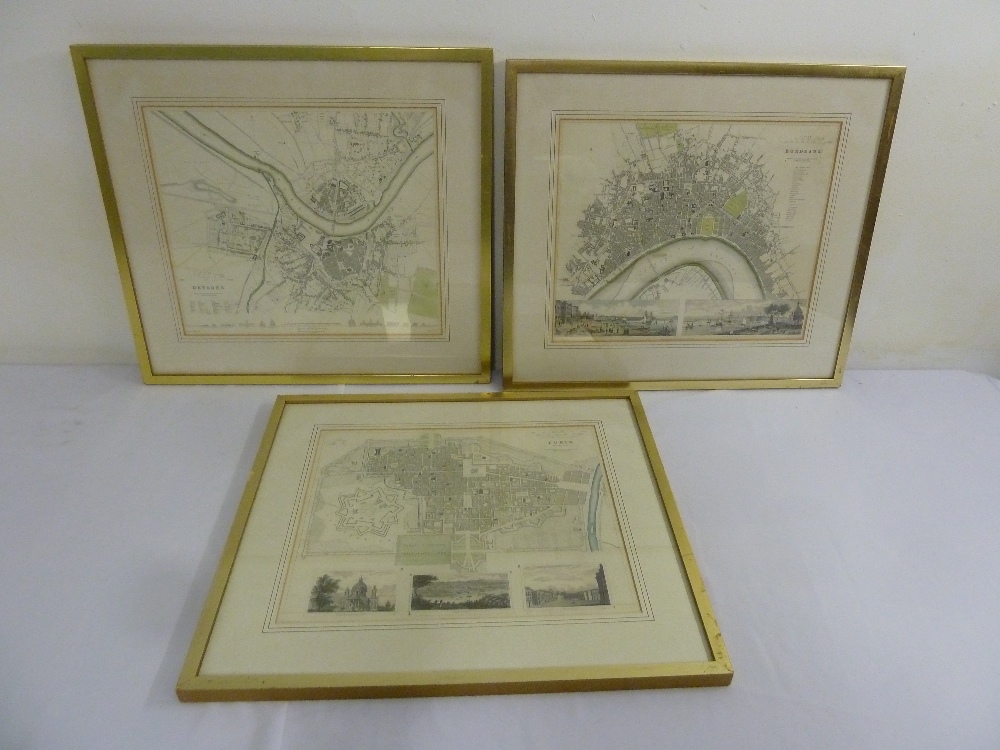 Three framed and glazed maps of Dresden, Turin and Bordeaux