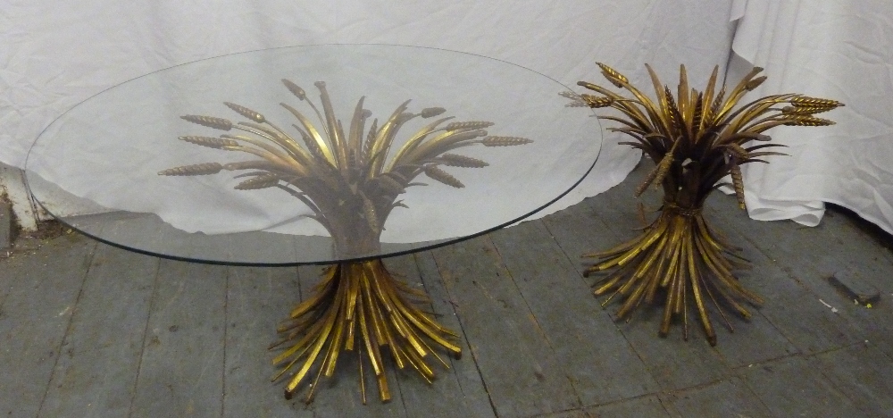 A pair of 1970s occasional tables the gilt metal bases in the form of sheaves of corn and one