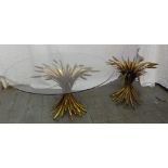 A pair of 1970s occasional tables the gilt metal bases in the form of sheaves of corn and one