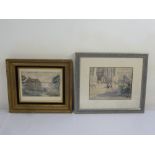 G. Weissbort two framed watercolours - one of a house, the other of people sitting on steps, 14.5