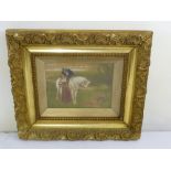 Framed oil on canvas of a man on horseback with a lady and dogs, in gilt frame, 18 x 24.5cm