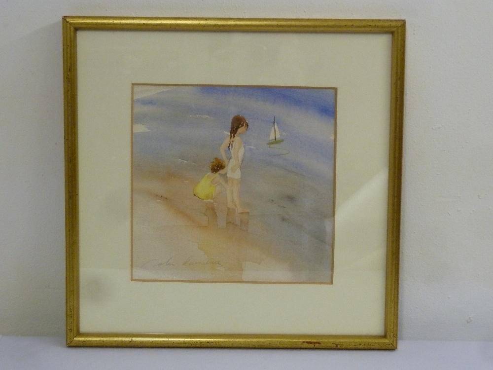 John Lawrence watercolour of children by a pond sailing a boat, signed bottom left, 23 x 24cm