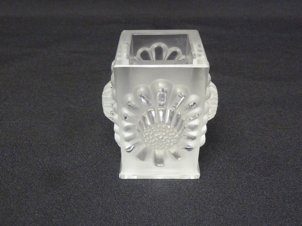 Lalique vase rectangular with flower design to the sides, marks to the base