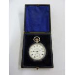 Kendall and Dent London silver pocket watch in fitted case, Roman numerals with subsidiary dial,