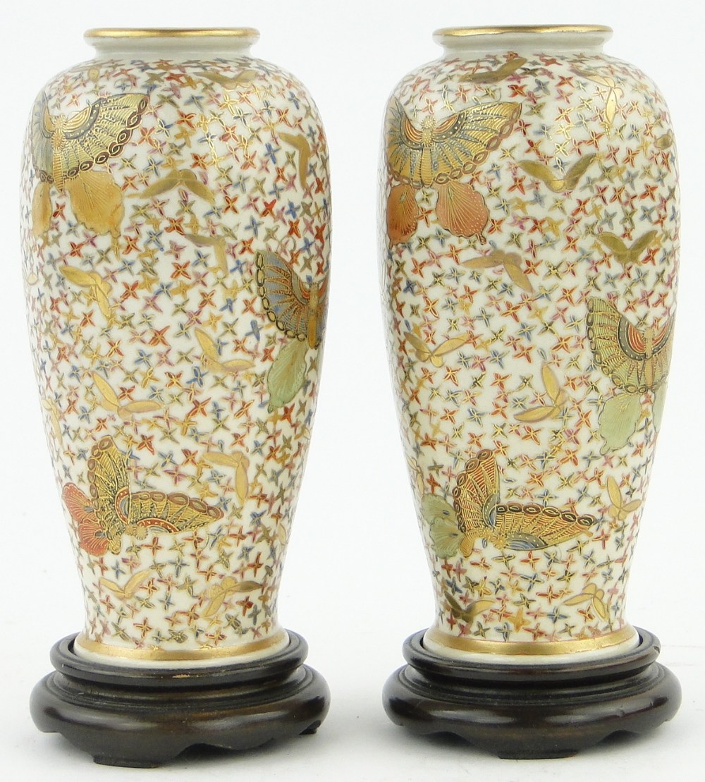 A pair of Satsuma vases
of rounded octagonal form, with butterfly motifs, height 6", with carved - Image 4 of 8