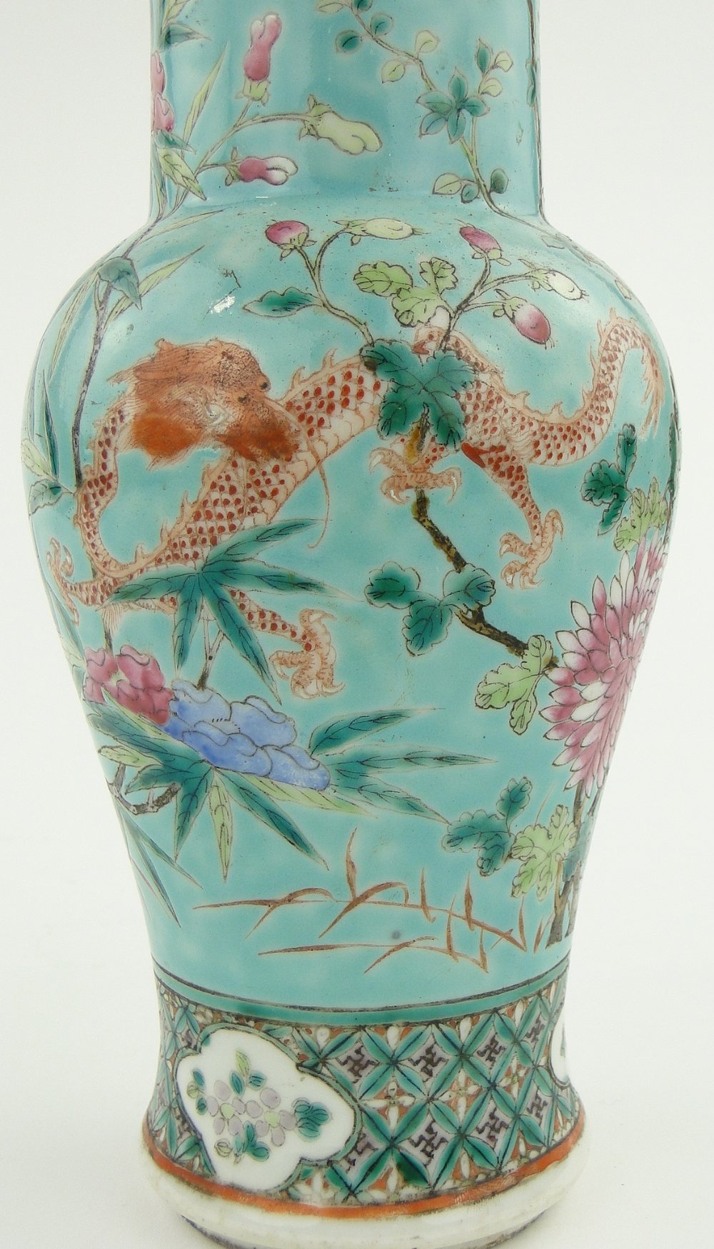 A Chinese vase
with dragon design on turquoise ground, 12". - Image 7 of 7