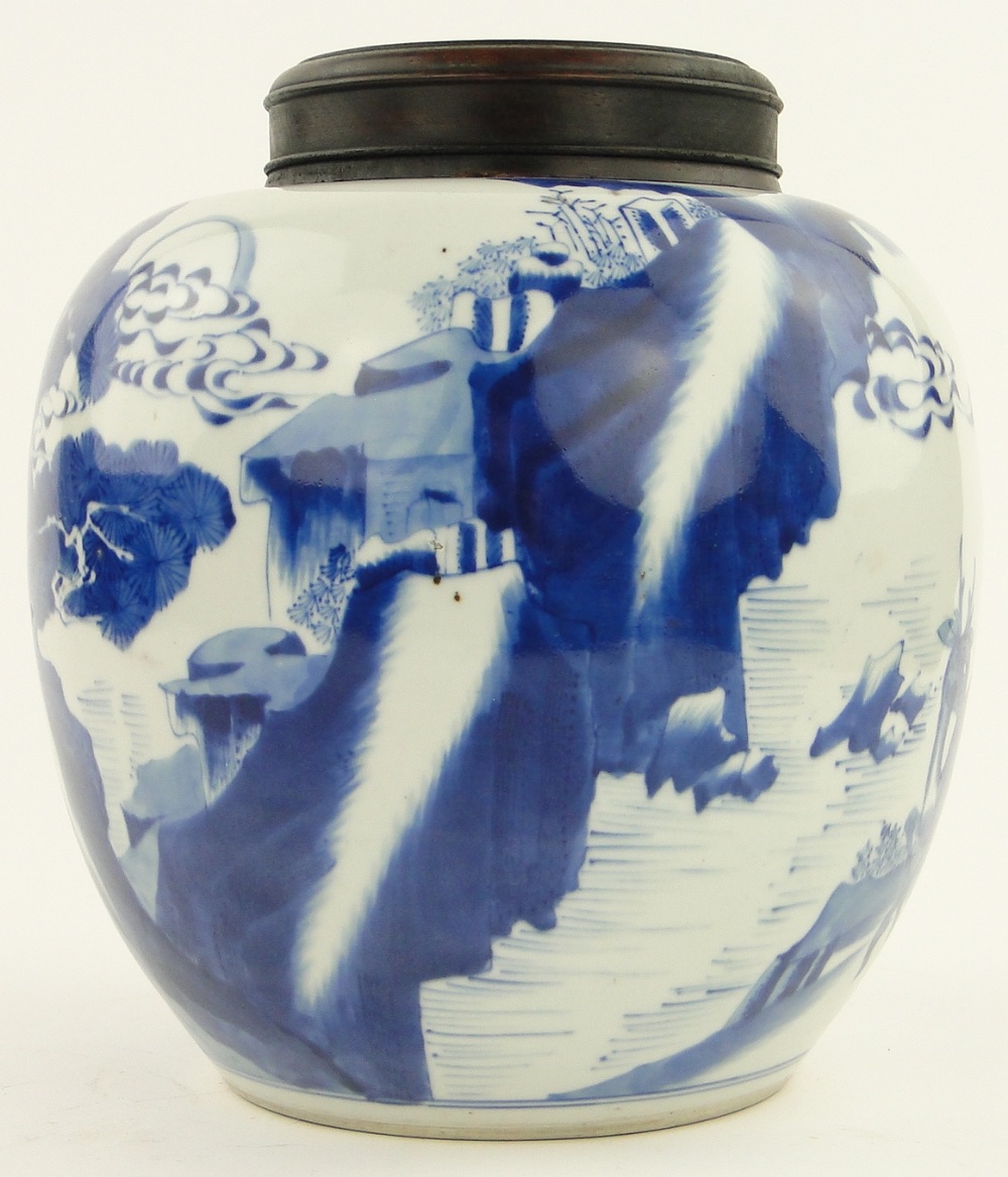 A Chinese blue and white porcelain jar
with landscape decoration, height 10.25", with a wooden - Image 4 of 7