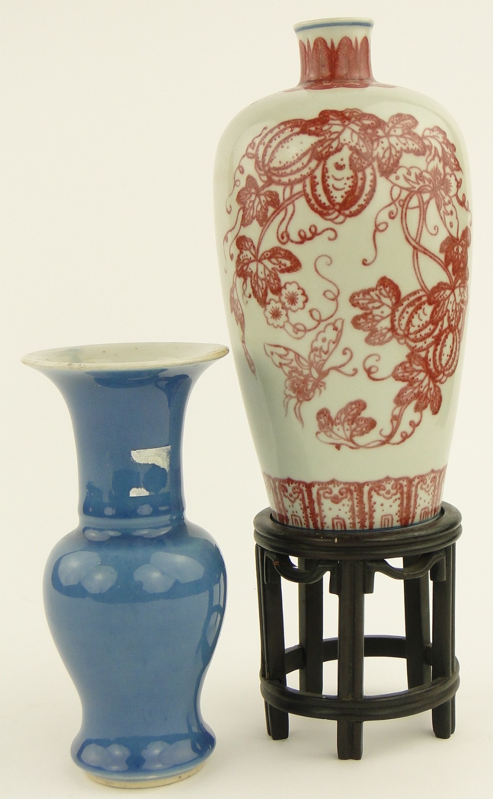 A Chinese porcelain copper red vase
with 6 character mark, 9.5", with wooden stand, and a blue - Image 2 of 8