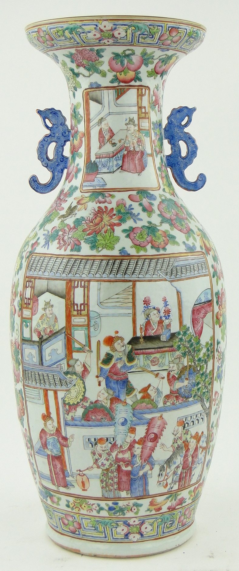 A Cantonese porcelain vase
with panels depicting figures, on butterfly and floral decorated ground,
