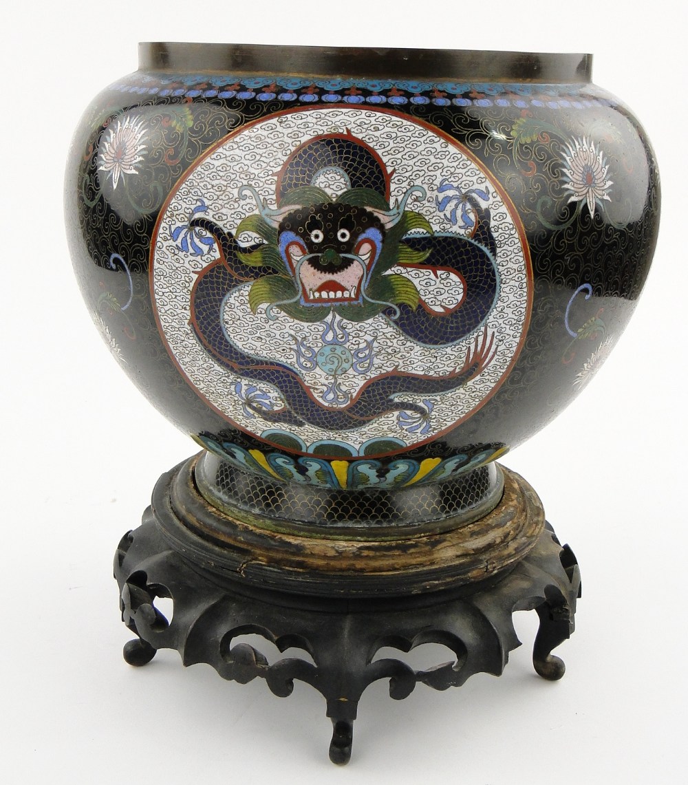 A black ground Cloisonne bowl
with dragon decorated panels, height 9.5", on carved wood stand. - Image 3 of 7
