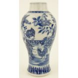 18th century Chinese blue and white bulbous vase
depicting chickens in a garden, 5.5".