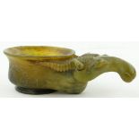 Chinese carved hardstone libation vessel
with mythical beast handle, length 6.25".