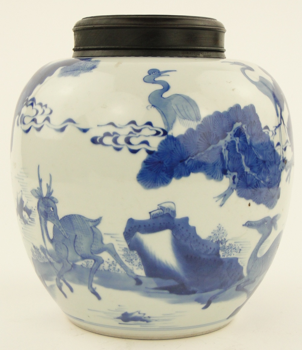 A Chinese blue and white porcelain jar
with landscape decoration, height 10.25", with a wooden - Image 3 of 7