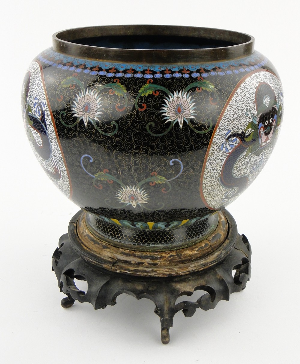 A black ground Cloisonne bowl
with dragon decorated panels, height 9.5", on carved wood stand. - Image 4 of 7