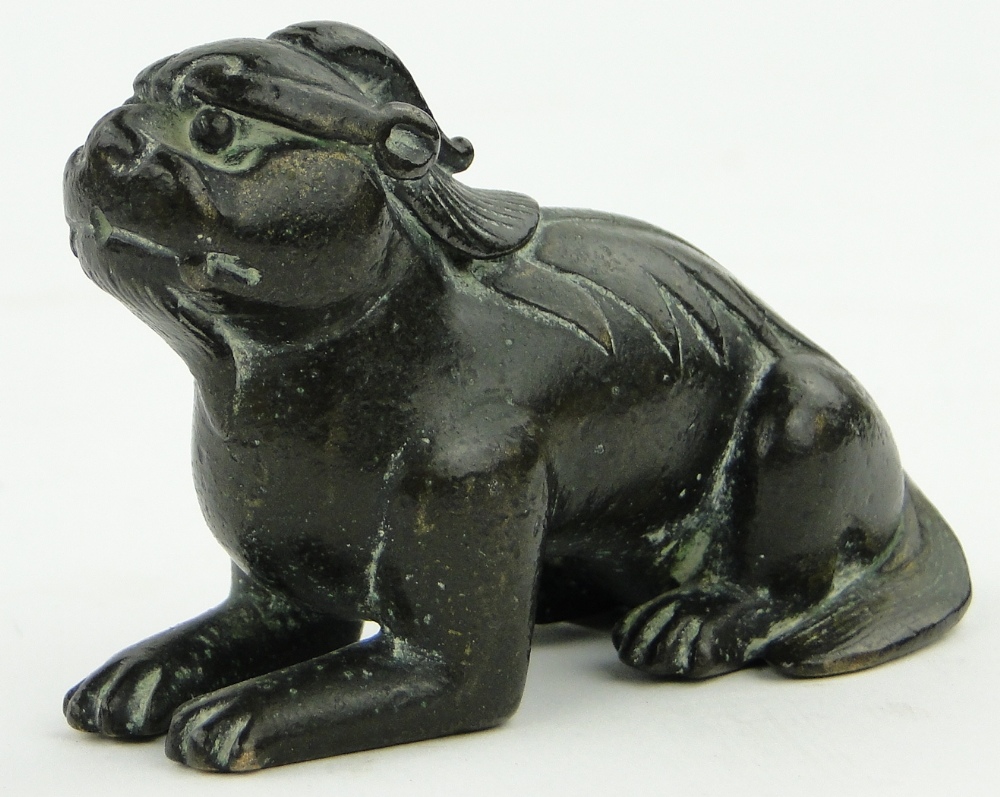 Early Chinese bronze kylin scroll weight, 
length 3.25".