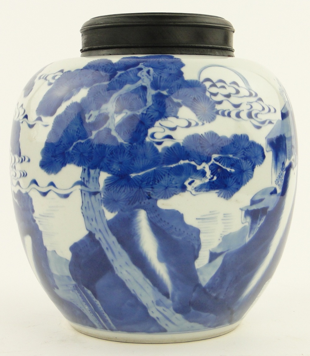 A Chinese blue and white porcelain jar
with landscape decoration, height 10.25", with a wooden - Image 2 of 7