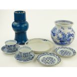 A blue glazed vase, 10.25",
blue and white pot, cups and saucers, etc.