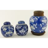 A Chinese blue and white ginger jar
with prunus decoration with wooden cover, on stand, 9.5"