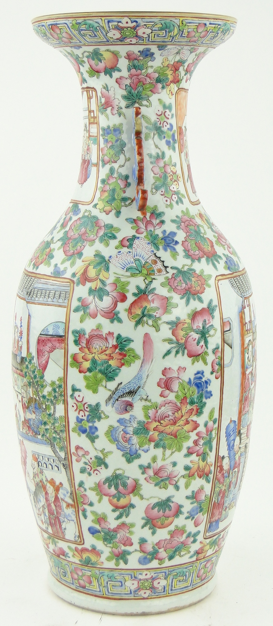 A Cantonese porcelain vase
with panels depicting figures, on butterfly and floral decorated ground, - Image 6 of 11