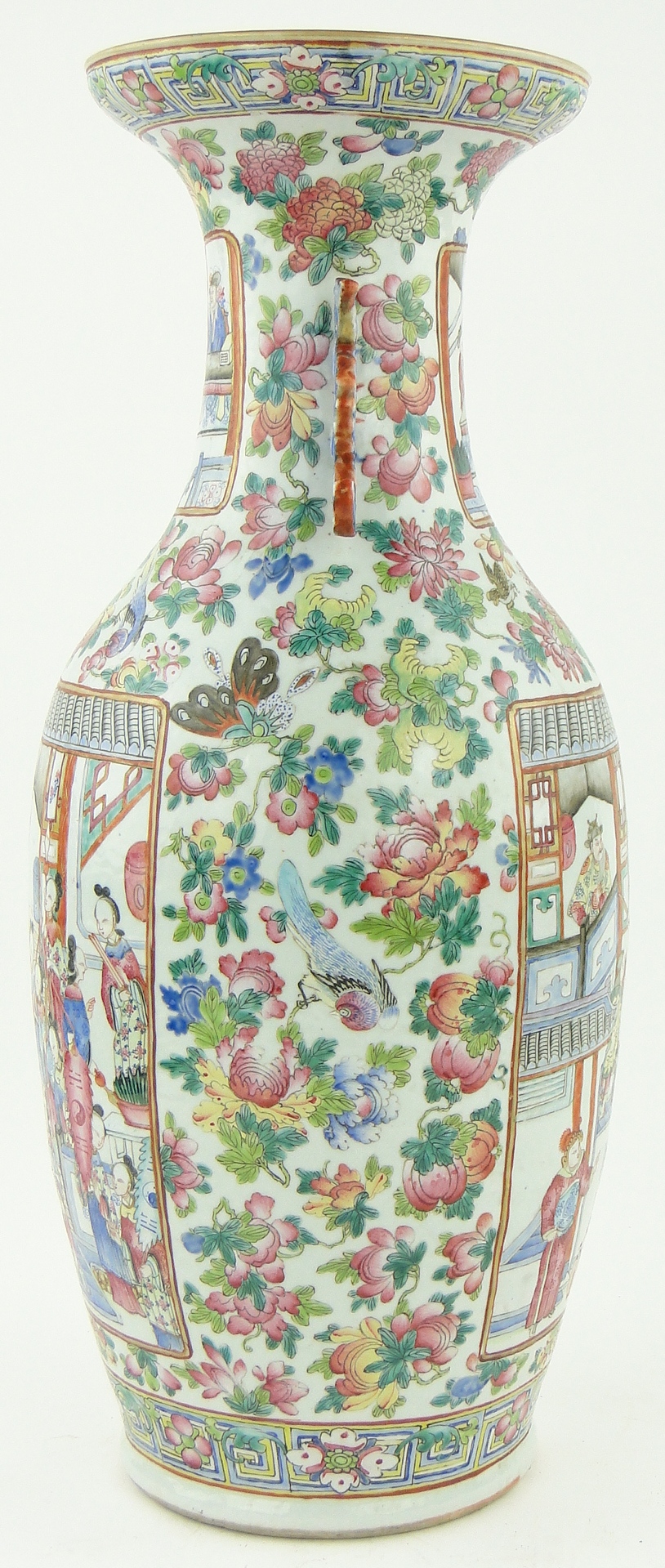 A Cantonese porcelain vase
with panels depicting figures, on butterfly and floral decorated ground, - Image 7 of 11