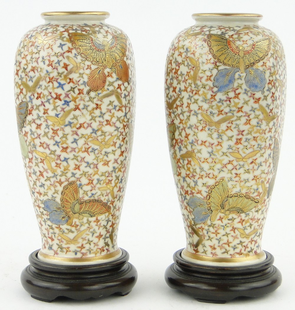 A pair of Satsuma vases
of rounded octagonal form, with butterfly motifs, height 6", with carved - Image 2 of 8