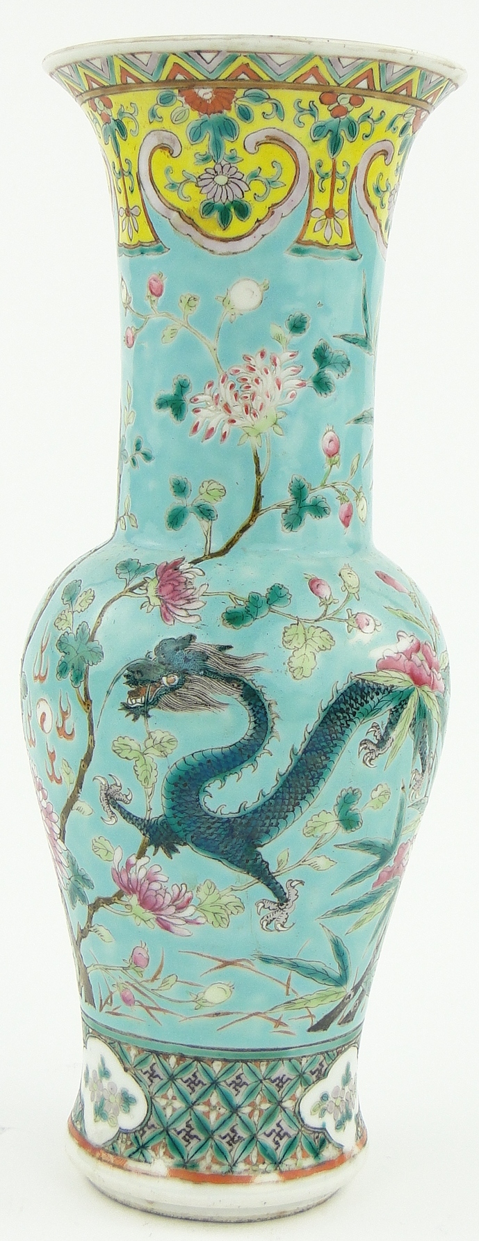 A Chinese vase
with dragon design on turquoise ground, 12".