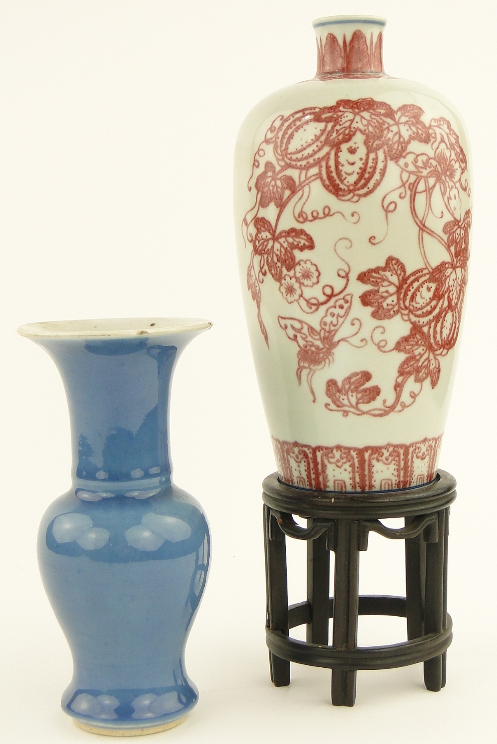 A Chinese porcelain copper red vase
with 6 character mark, 9.5", with wooden stand, and a blue