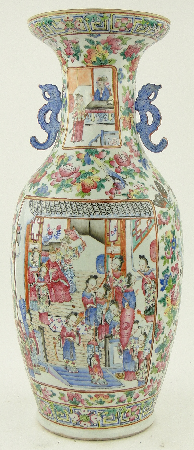 A Cantonese porcelain vase
with panels depicting figures, on butterfly and floral decorated ground, - Image 2 of 11