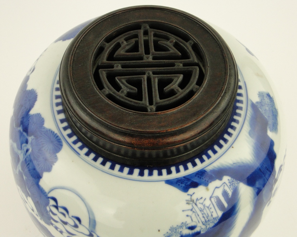 A Chinese blue and white porcelain jar
with landscape decoration, height 10.25", with a wooden - Image 5 of 7