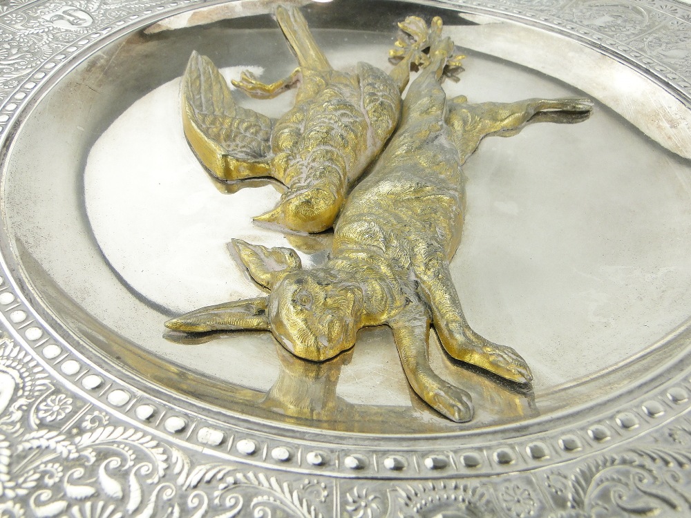 Pair of large 19th century plated wall plaques,
with cast gilded game designs by Meriden, - Image 2 of 2