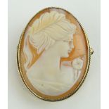 Carved Cameo brooch in 9ct gold setting, height 38mm.