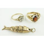 Gold pearl cluster ring,
gold garnet set ring and gold articulated fish pendant, (3).