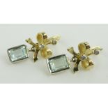 Pair of Russian 14ct gold aquamarine and diamond pendant earrings,
length 20mm.
