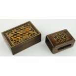 A Tunbridgeware box
with cube marquetry lid, length 3.25", and a Tunbridgeware matchbox holder, (2).