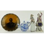 Sitzendorf figure,
height 10.75", Lladro figure, teapot and plate, (4).