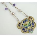 Silver gilt and coloured enamel pendant and chain,
mounted with pearls and amethysts.