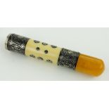 An unusual amber, ivory and silver cigar holder/stick handle,