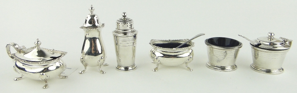 2 3-piece silver cruet sets, (6).