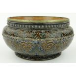 A Doulton Lambeth bowl
with stylised foliate decoration and plated rim, diameter 10".